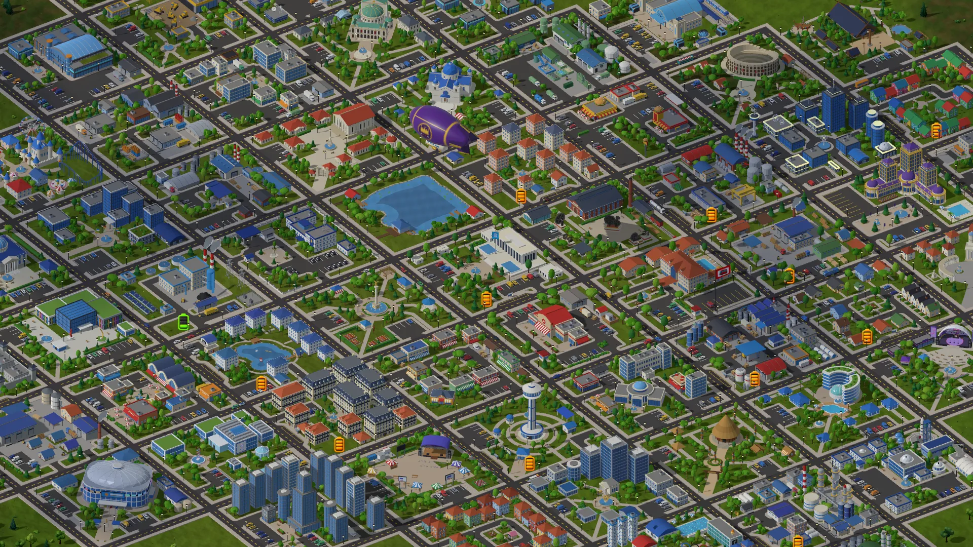3D city map from above: dozens of distinct buildings, parks, lakes, a stadium and an airship over a grid of streets with traffic.