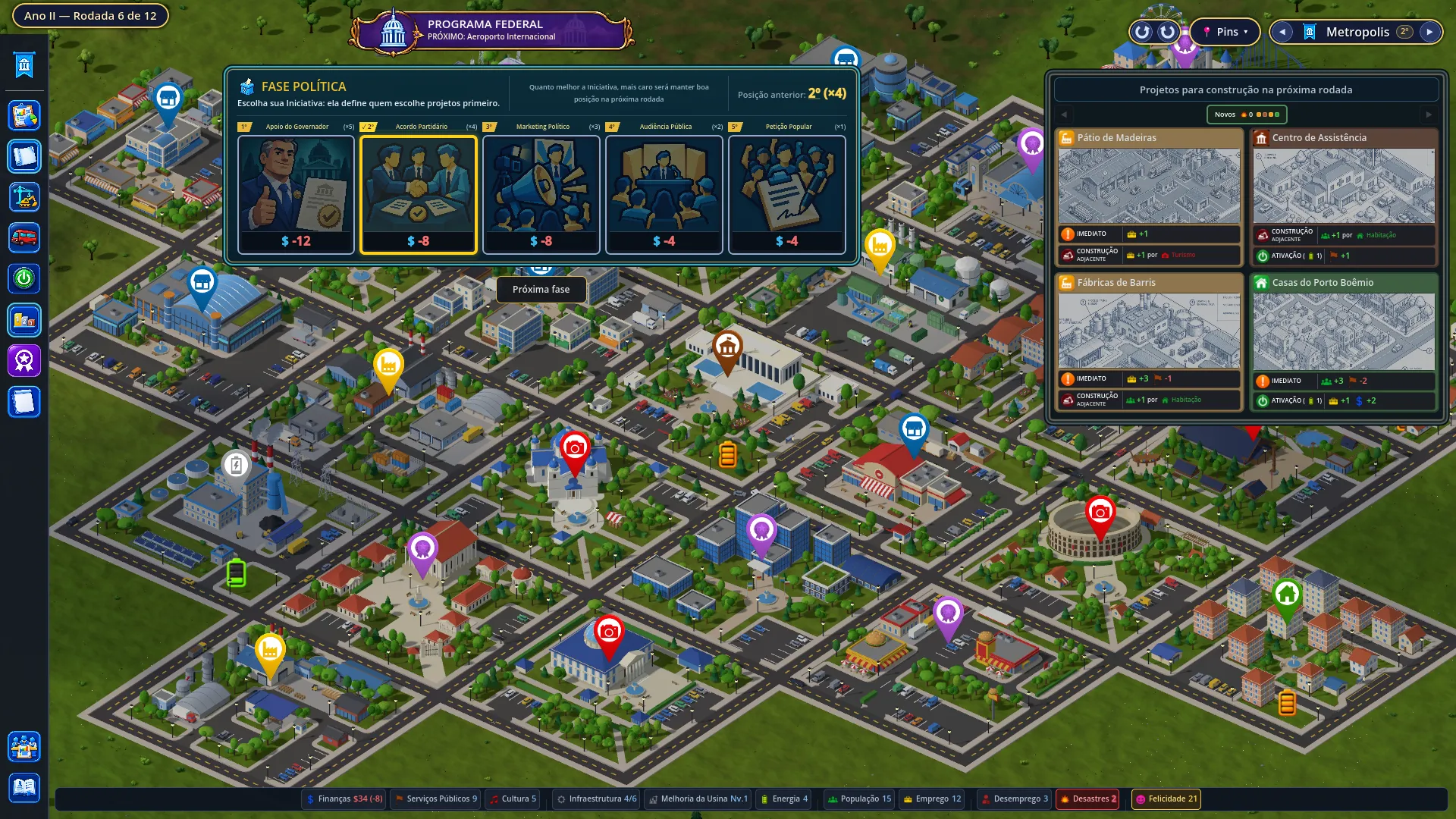 Screenshot da fase política: cinco cartas de Iniciativa, do 1º ao 5º, cada uma com um custo, sobre a cidade 3D, ao lado dos projetos da próxima rodada.